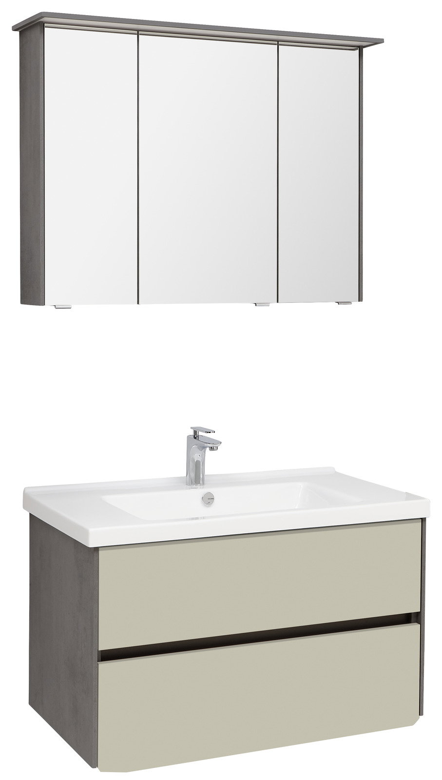 Moderne Badkombination mit dreiteiligem Spiegelschrank und Waschtisch mit zwei Schubladen, Frontalansicht.