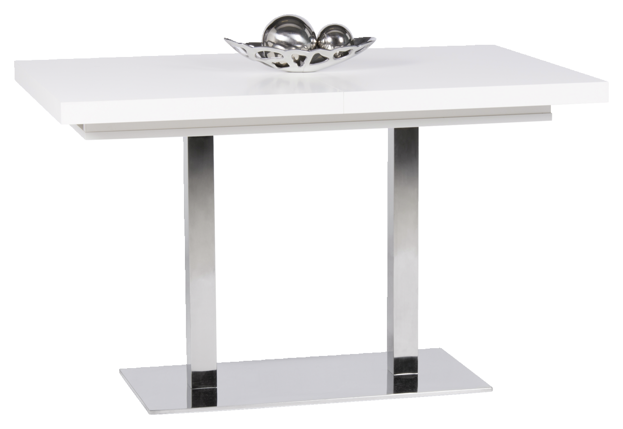 Moderner weißer Esstisch mit Metallgestell und dekorativer Schale, seitliche Perspektive