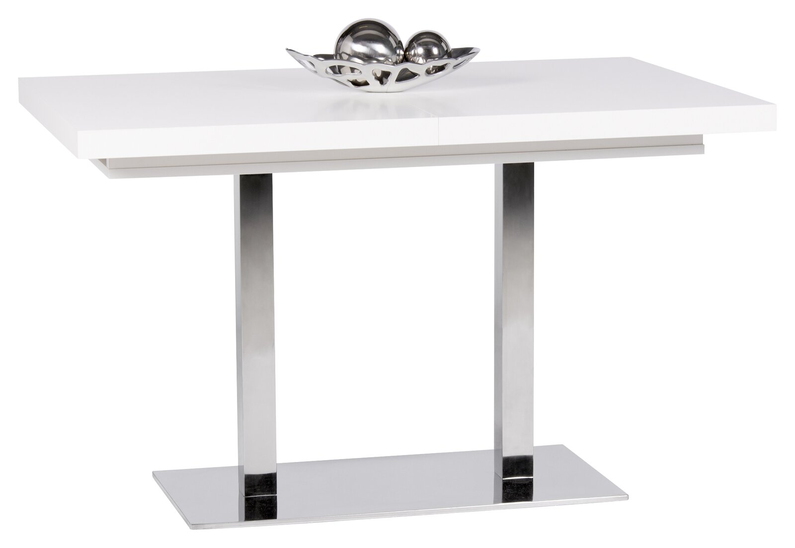 Moderner weißer Esstisch mit Metallgestell und dekorativer Schale, seitliche Perspektive