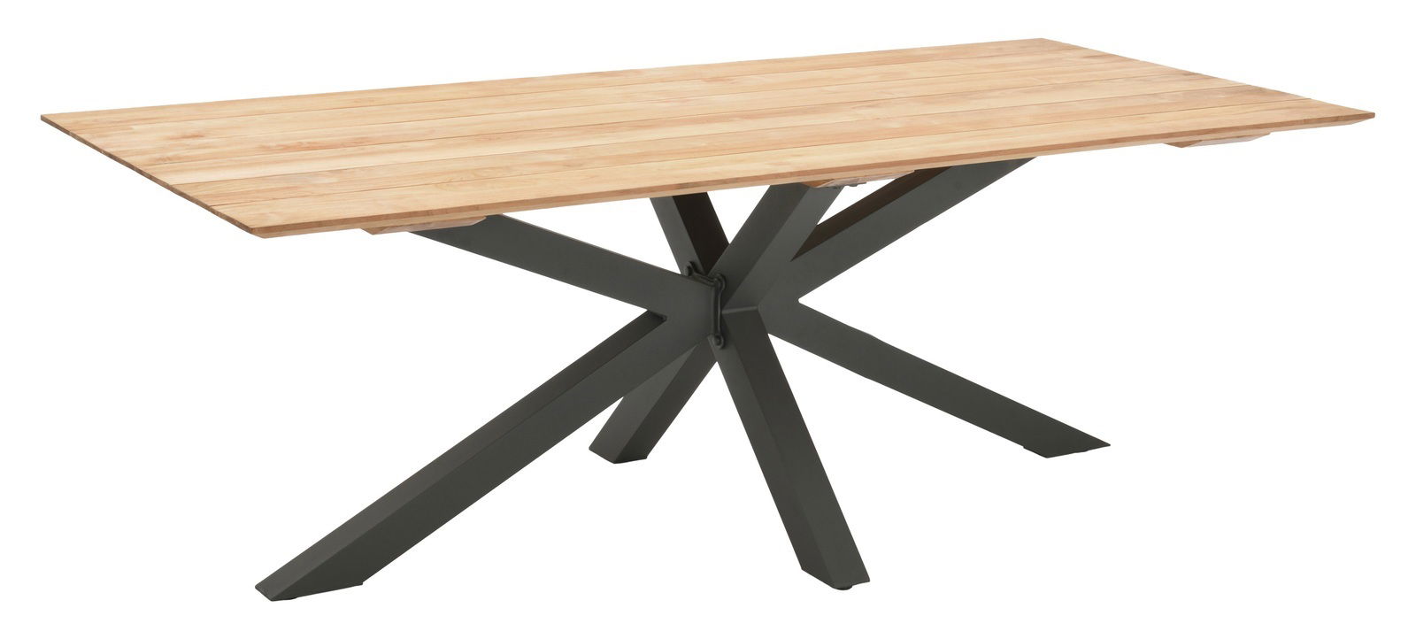 Moderner Gartentisch mit Holzplatte und schwarzem Metallgestell, seitliche Perspektive