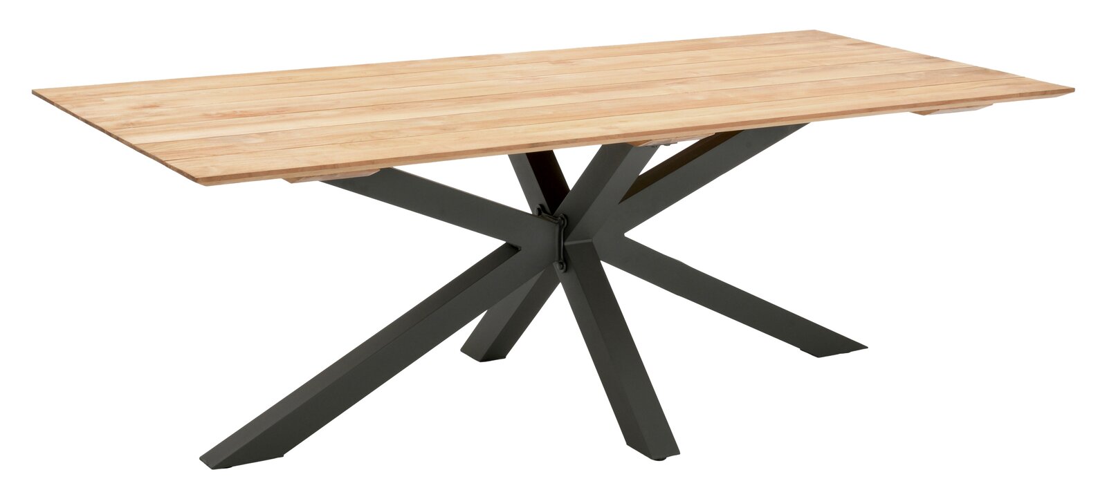 Moderner Gartentisch mit Holzplatte und schwarzem Metallgestell, seitliche Perspektive