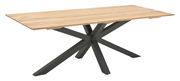Moderner Gartentisch mit Holzplatte und schwarzem Metallgestell, seitliche Perspektive