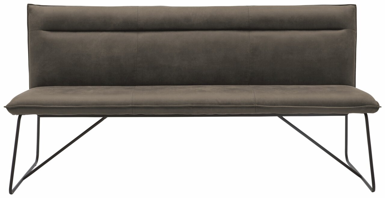 Moderne Bank mit braunem Polster und Metallbeinen, Frontalansicht