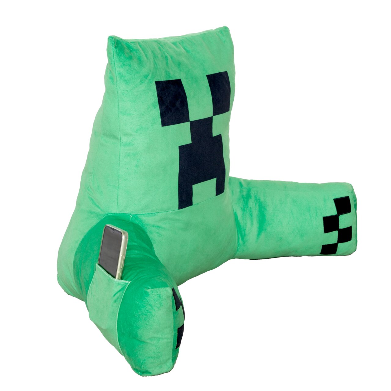 Grünes Minecraft-Creeper-Sitzkissen mit Armlehnen und Smartphone-Tasche, schräg von vorne links fotografiert