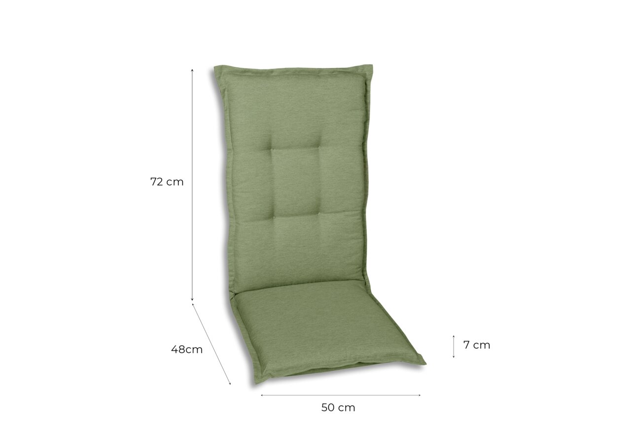 Grüne Sesselauflage mit den Maßen 72 cm Höhe, 48 cm Sitzfläche, 50 cm Breite und 7 cm Dicke, seitliche Perspektive.