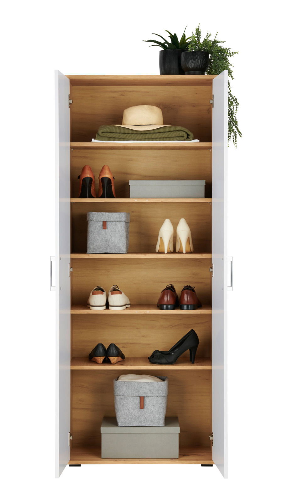 Offener XL-Schuhschrank mit mehreren Regalböden, gefüllt mit Schuhen, Hüten und Aufbewahrungsboxen, aus der Frontalperspektive.