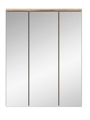 Moderner Spiegelschrank mit drei Türen und Holzleiste, Frontalansicht
