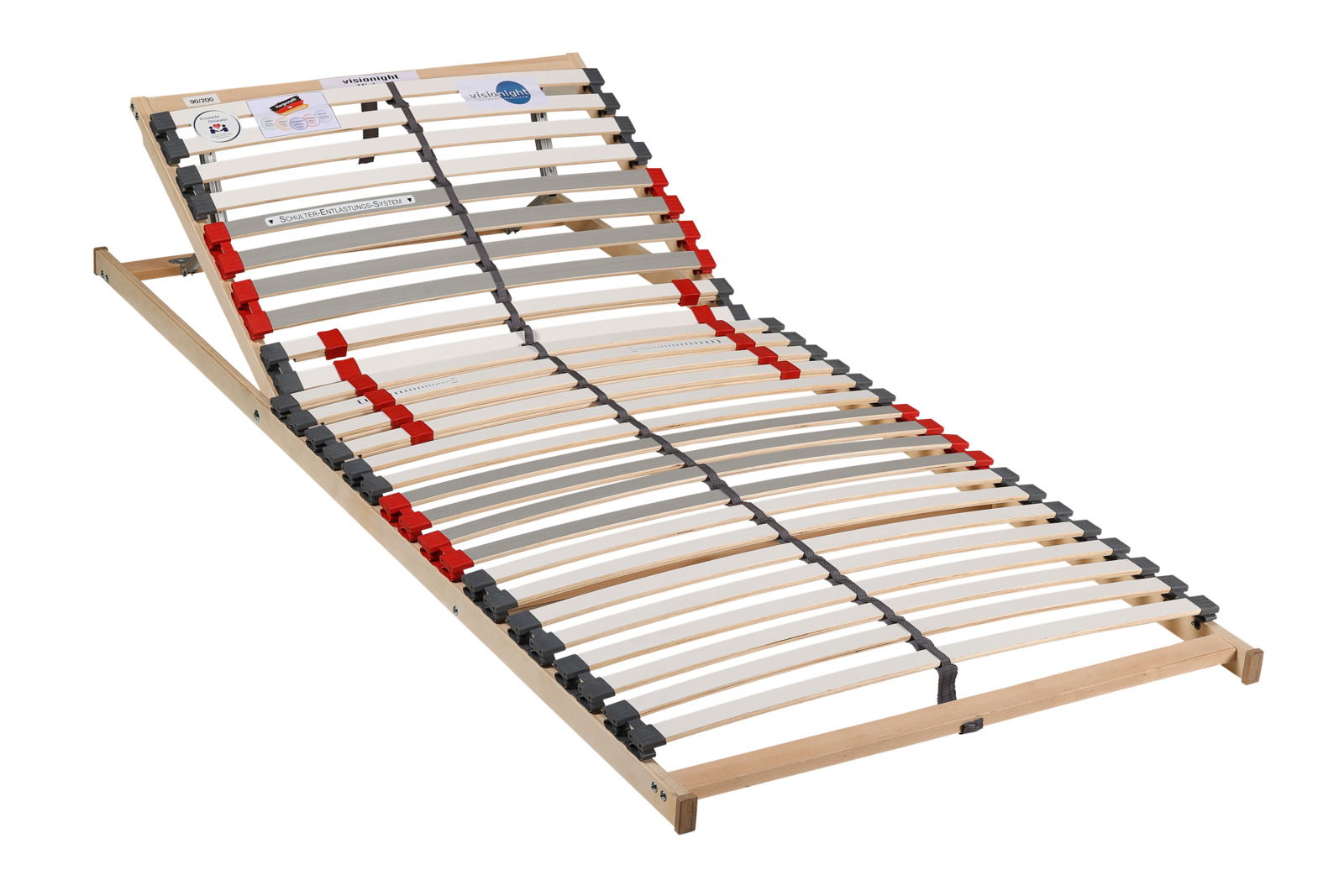 Lattenrost in schräger Perspektive mit verstellbaren Leisten und roten sowie grauen Elementen.