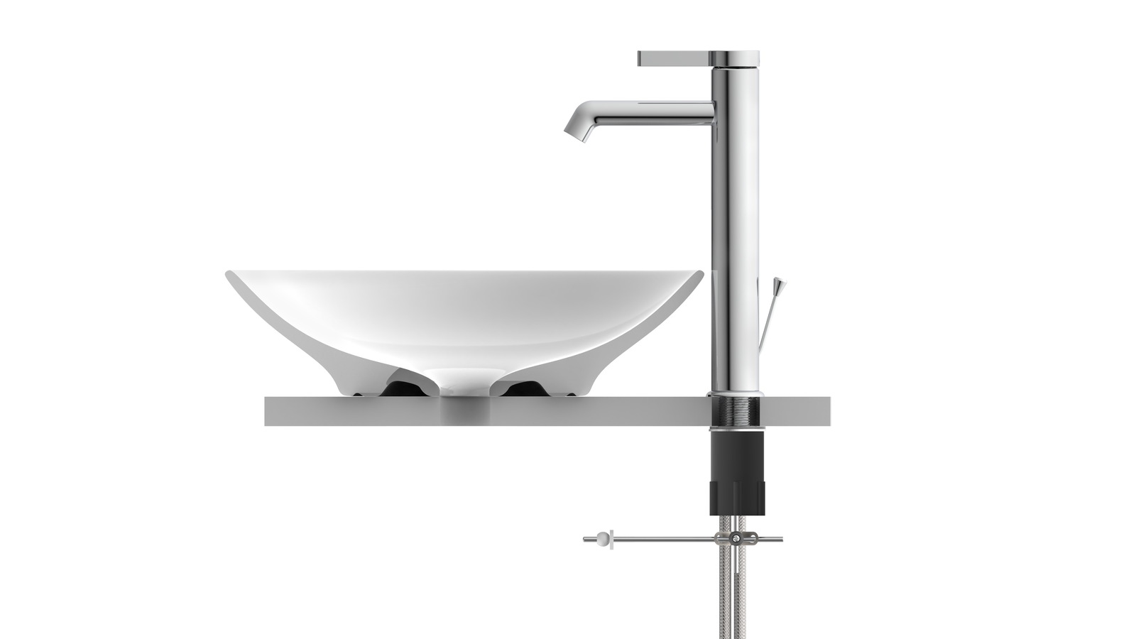Seitliche Ansicht einer modernen, verchromten Waschtischarmatur neben einem eleganten, weißen Aufsatzwaschbecken.