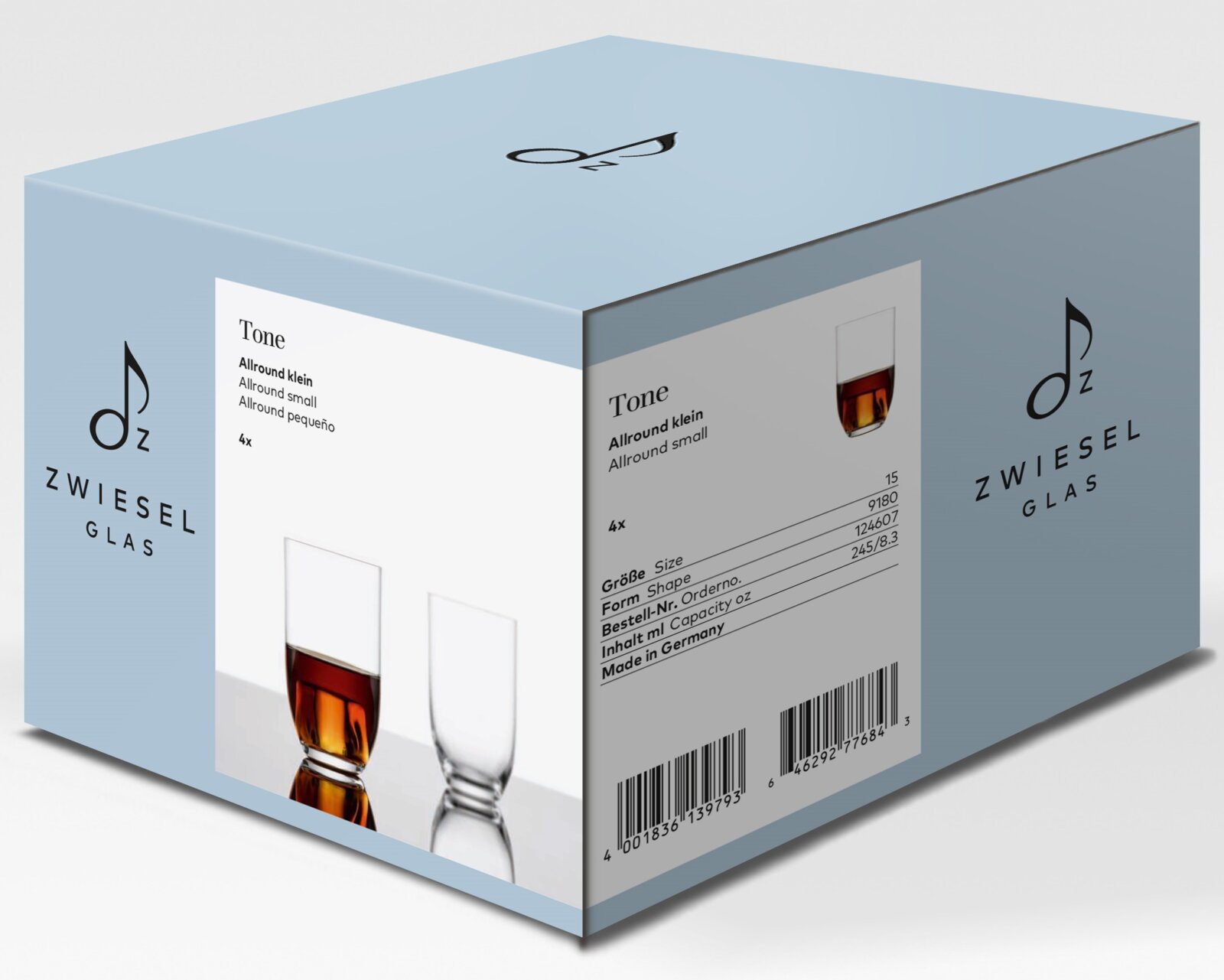Zweisel Glas Tone Allround klein – 4er-Set Trinkgläser in hellblauer Verpackung, schräg von vorne oben (3/4-Perspektive) fotografiert