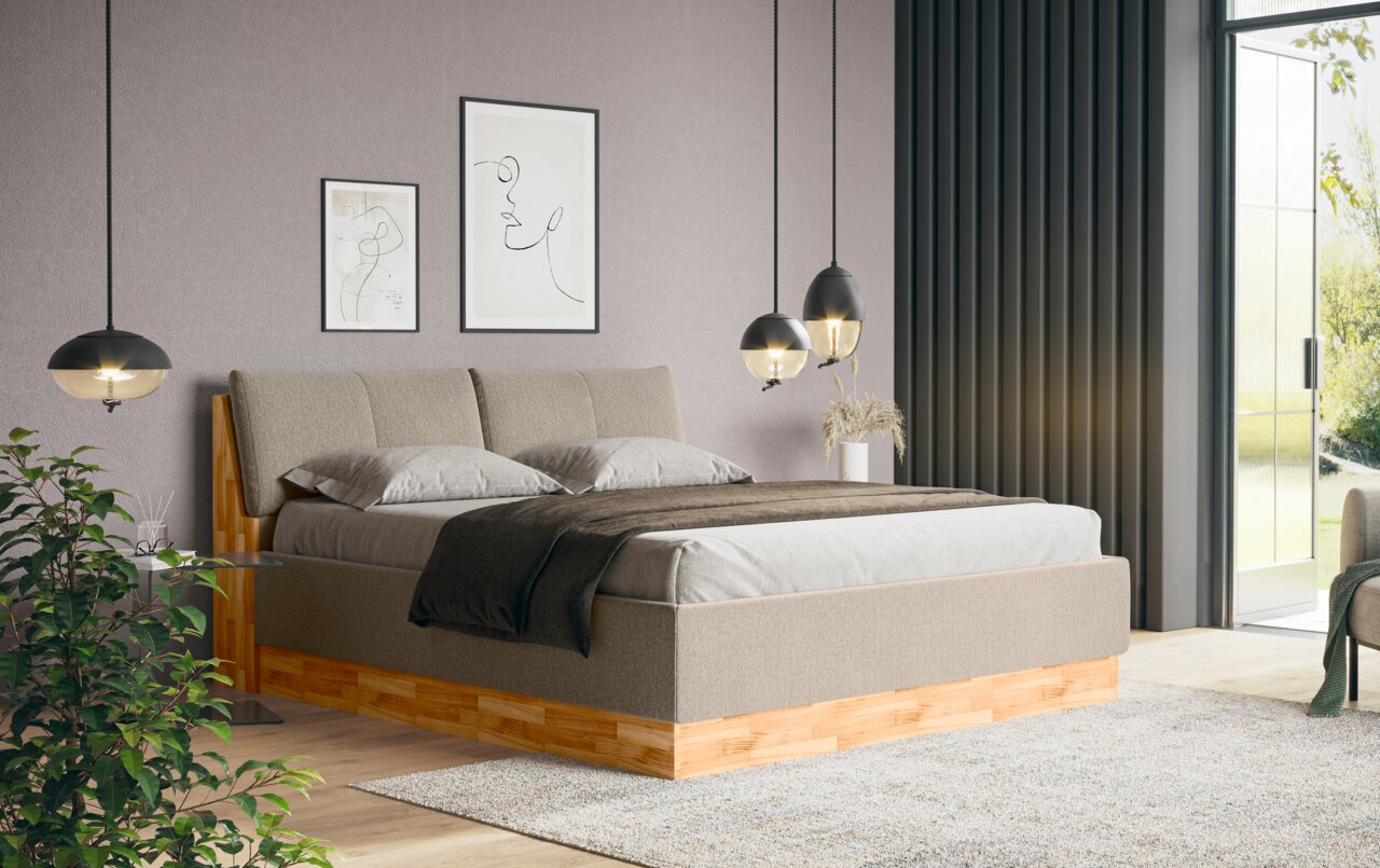 Modernes Polsterbett in einem stilvollen Schlafzimmer, seitliche Perspektive