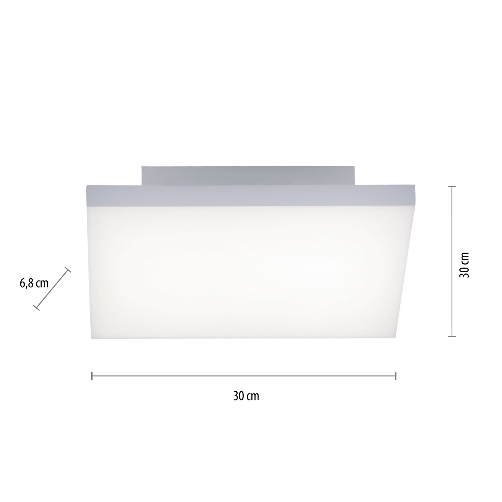 Weiße, rechteckige Deckenleuchte/LED-Paneel mit Maßangaben (30 cm Breite, 30 cm Höhe, 6,8 cm Tiefe), frontale Ansicht auf weißem Hintergrund