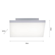 Weiße, rechteckige Deckenleuchte/LED-Paneel mit Maßangaben (30 cm Breite, 30 cm Höhe, 6,8 cm Tiefe), frontale Ansicht auf weißem Hintergrund