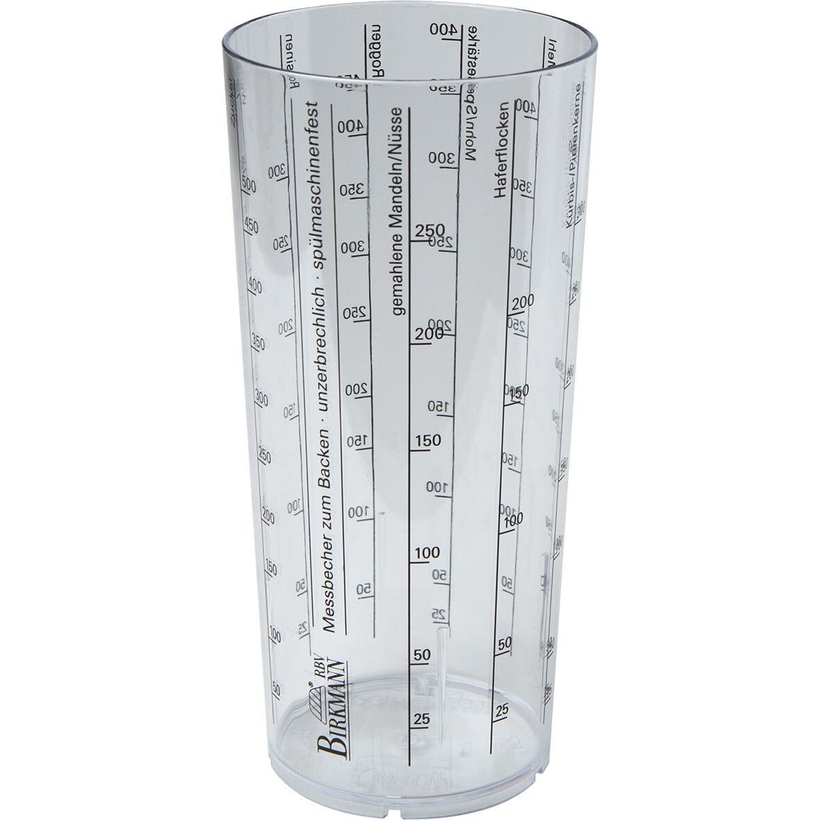 Birkmann Messbecher Transparenter Messbecher mit Skalen für verschiedene Zutaten, seitliche Perspektive