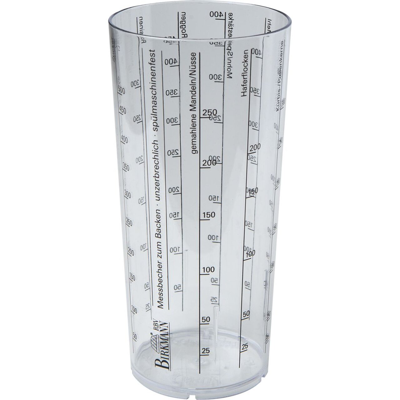 Birkmann Messbecher Transparenter Messbecher mit Skalen für verschiedene Zutaten, seitliche Perspektive