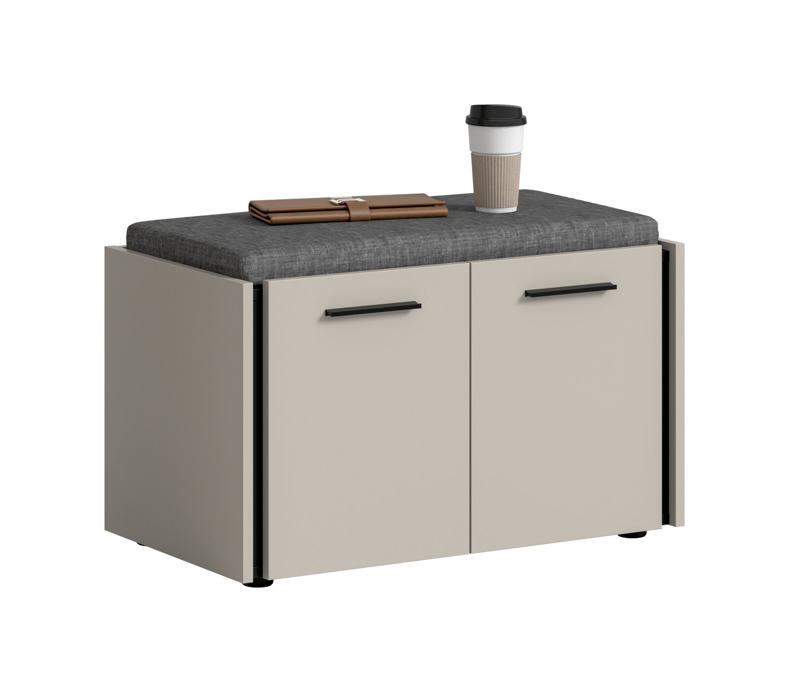 MID.YOU Sitzbank EMIL Moderner Schuhschrank mit zwei Türen in Hellgrau/Beige, schwarzen Griffen und dunkelgrauem Sitzkissen oben; gezeigt in schräger Vorderansicht (3/4-Perspektive) vor weißem Hintergrund.