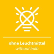 Gelbes Hinweis-Piktogramm mit durchgestrichener Glühbirne und dem Text „ohne Leuchtmittel / without bulb“, Frontalansicht
