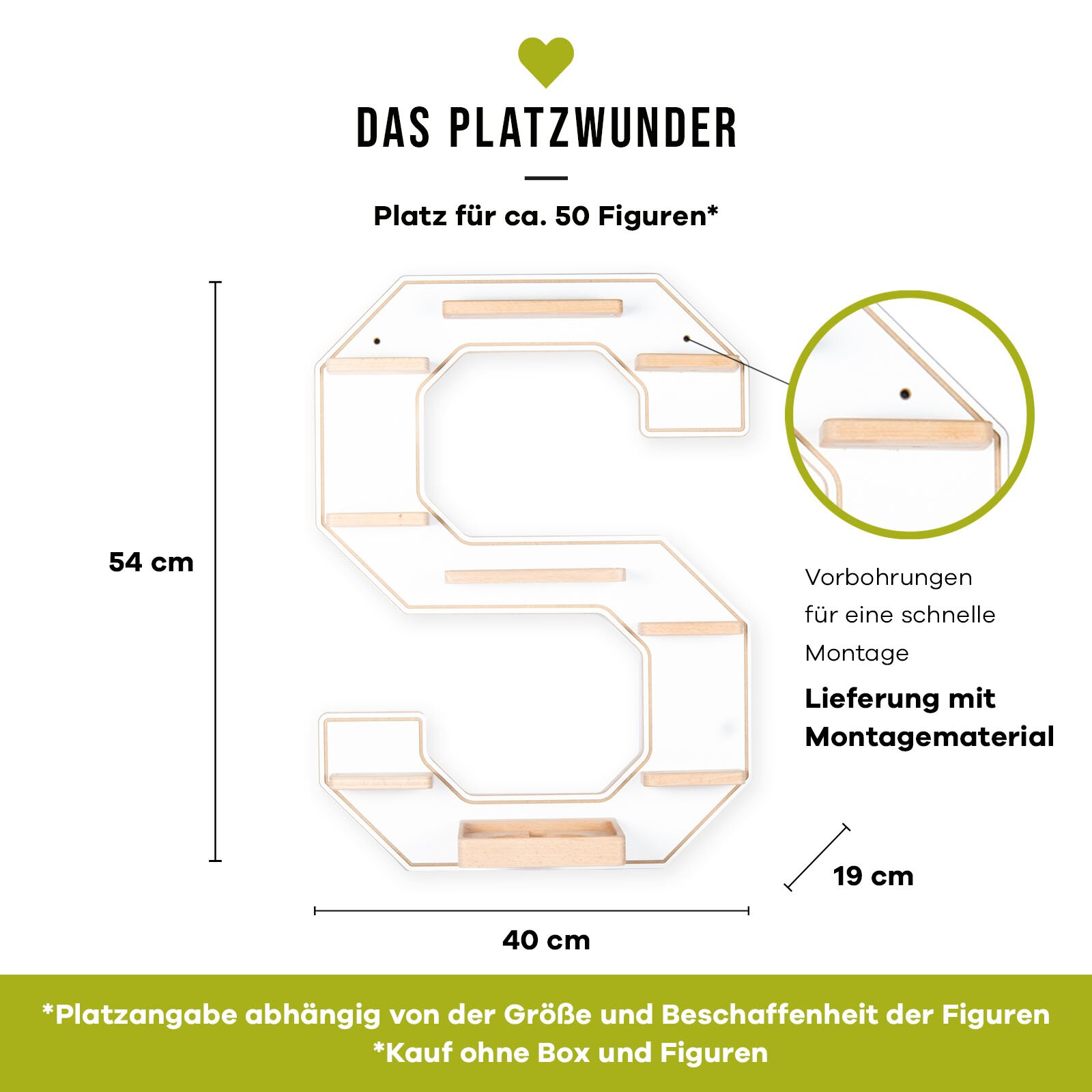 Frontansicht eines wandmontierbaren, S-förmigen Sammlerregals/Displays aus hellem Holz mit mehreren Ablagen, ca. 54 cm hoch und 40 cm breit (Tiefe 19 cm), mit Vorbohrungen und Montagematerial, Platz für ca. 50 Figuren