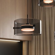 Moderne LED-Hängeleuchte mit transparentem Glaszylinder und schwarzem Metallrahmen, seitliche Perspektive