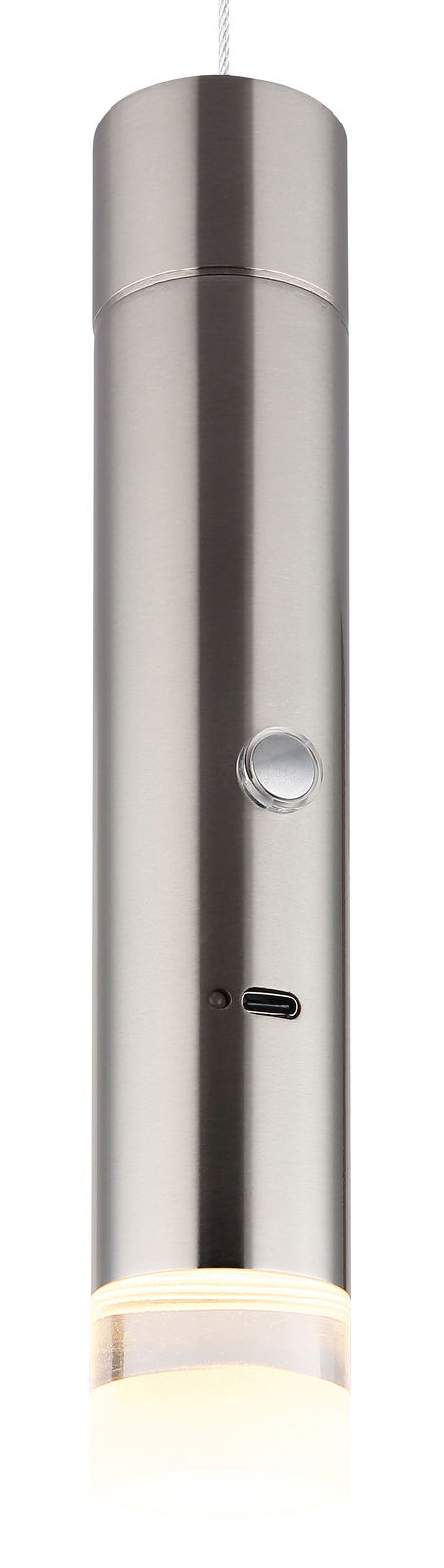 Moderne Akku-Pendelleuchte in zylindrischer Form aus gebürstetem Metall, mit USB-Anschluss und Schalter, seitliche Perspektive.