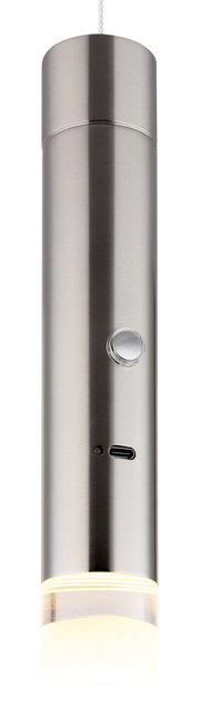 Moderne Akku-Pendelleuchte in zylindrischer Form aus gebürstetem Metall, mit USB-Anschluss und Schalter, seitliche Perspektive.