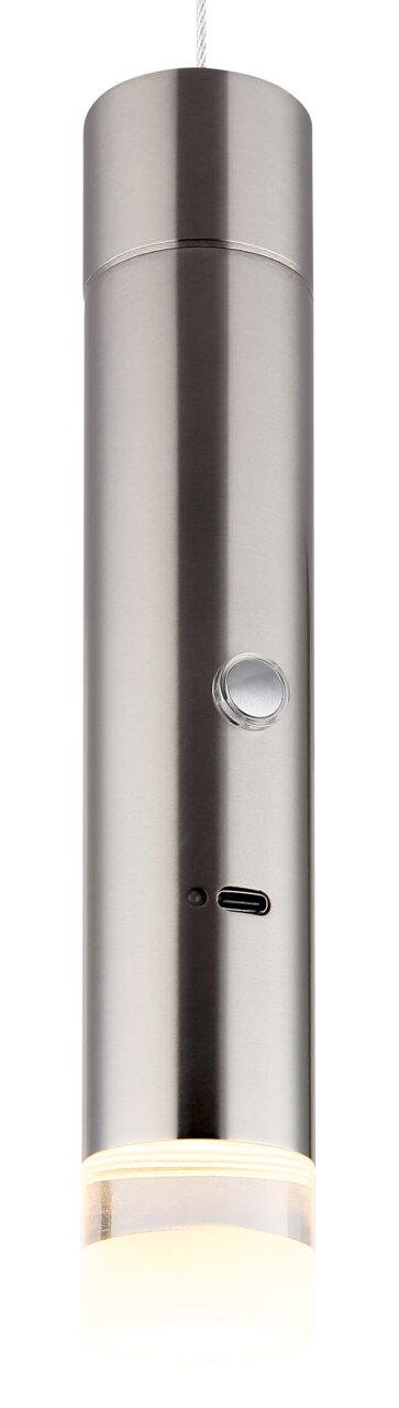 Moderne Akku-Pendelleuchte in zylindrischer Form aus gebürstetem Metall, mit USB-Anschluss und Schalter, seitliche Perspektive.