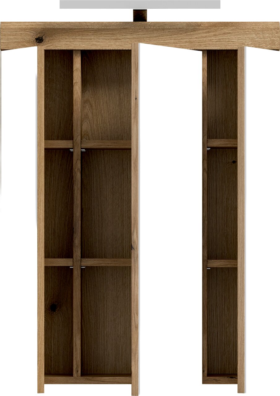 Holzregal/Schrankkorpus in natürlicher Holzoptik mit zwei offenen Fächern und Mittelsteg, frontale Ansicht