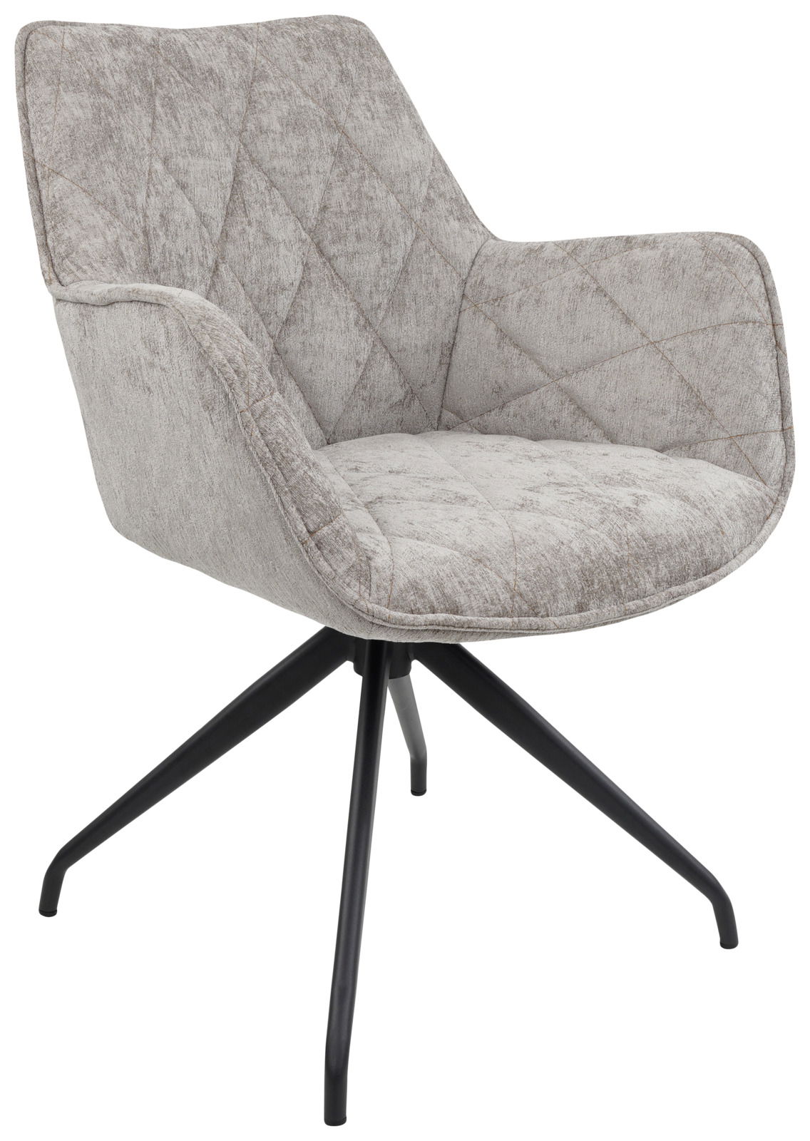 Grauer Armlehnstuhl mit gepolstertem Sitz und schwarzem Metallgestell, seitliche Perspektive