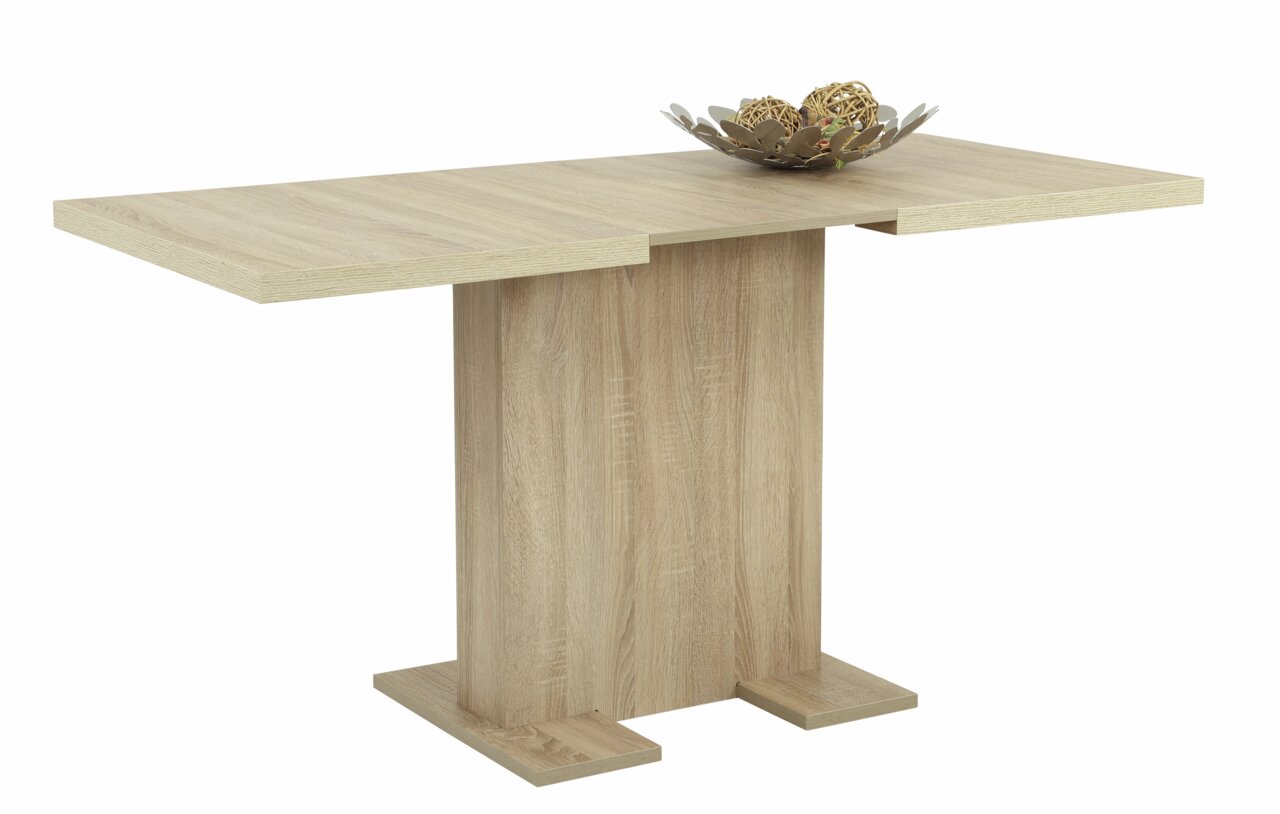 Moderner Esstisch aus hellem Holz mit zentralem Standfuß, seitliche Perspektive