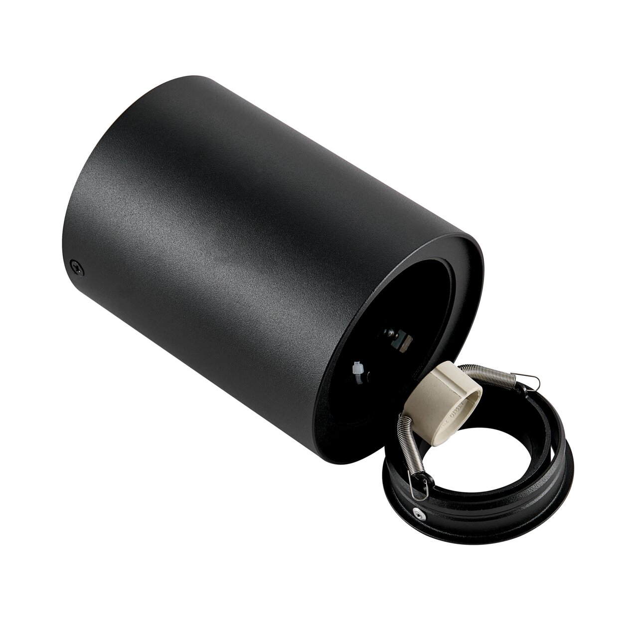 Cilindrische zwarte spot, zijaanzicht, met open aansluitgedeelte en zichtbare kabels.