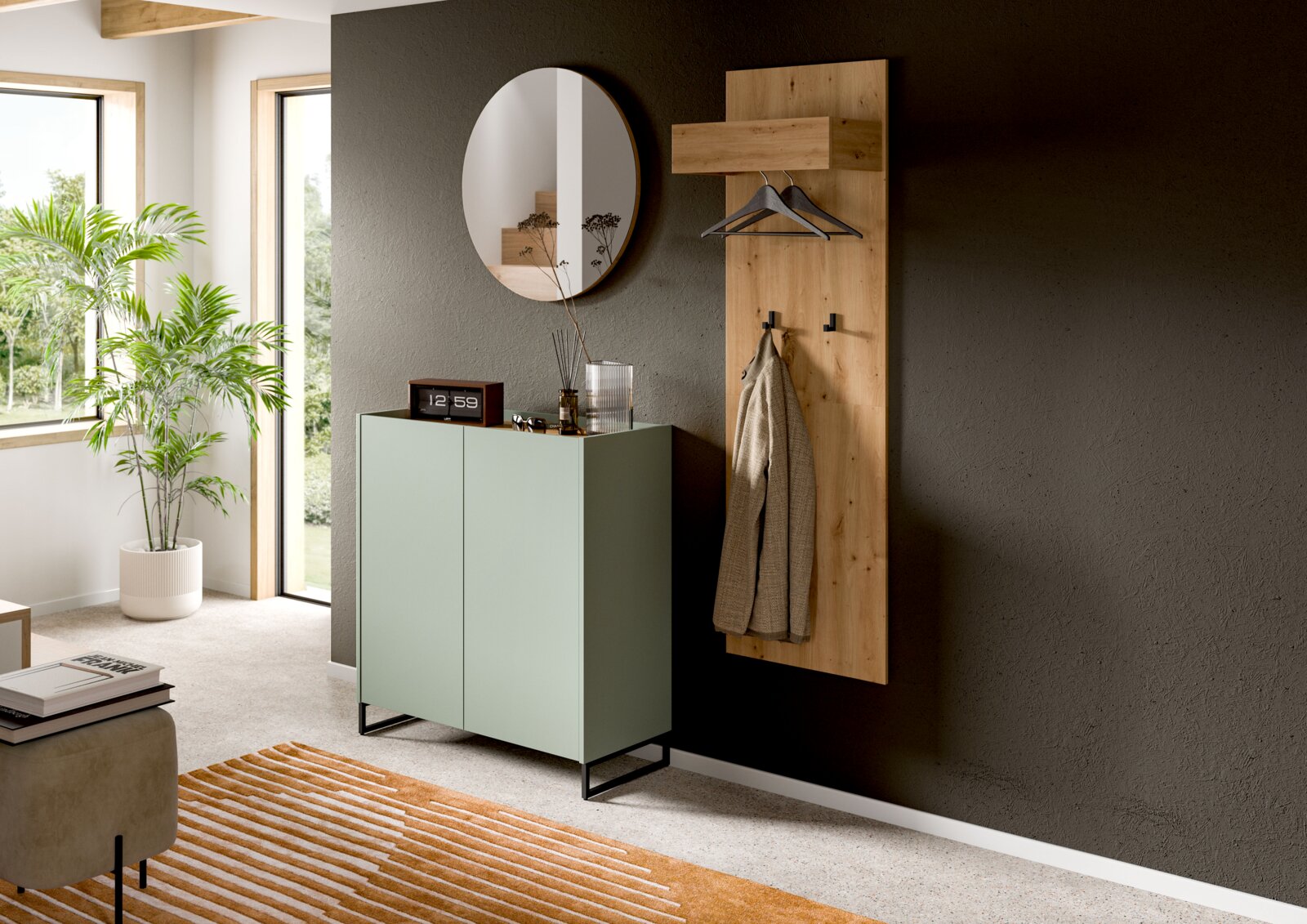 MID.YOU Garderobenkombination DRIVE Modernes Garderoben-Set im Flur: mintgrüner Schuhschrank auf schwarzem Metallgestell neben Holz-Garderobenpaneel mit Haken und Kleiderbügeln, darüber runder Spiegel; Perspektive: frontale leicht schräge Ansicht.