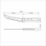 Technische Zeichnung eines Käsemessers mit einer Gesamtlänge von 26 cm, einer Klingenlänge von 14,1 cm und einer Grifflänge von 11,9 cm. Seitenansicht und Draufsicht dargestellt.