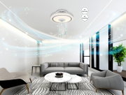 Moderner LED-Deckenventilator in einem stilvollen Wohnzimmer, aus der Perspektive von unten betrachtet, mit Luftionisierungs- und Luftverbesserungsfunktionen.