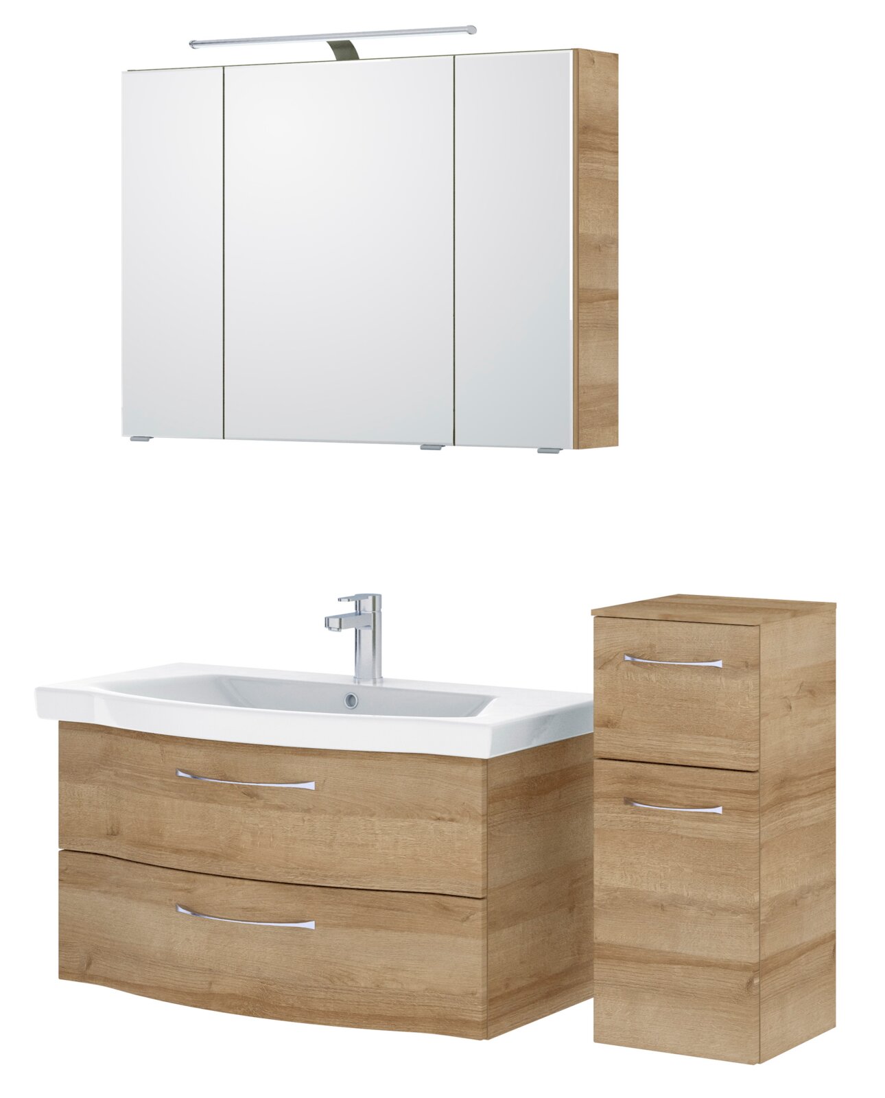 Badezimmermöbel-Set in Holzoptik mit Spiegelschrank, Waschbeckenunterschrank und Hochschrank, Frontalansicht