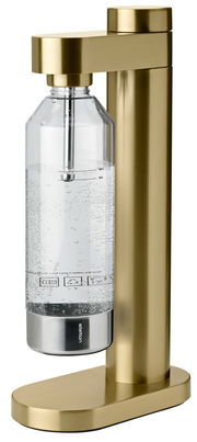 Goldener Wassersprudler mit transparenter Flasche, seitliche Perspektive