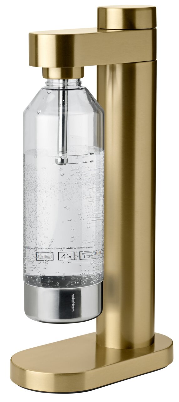 Stelton Wassersprudler BRUS Goldener Wassersprudler mit transparenter Flasche, seitliche Perspektive