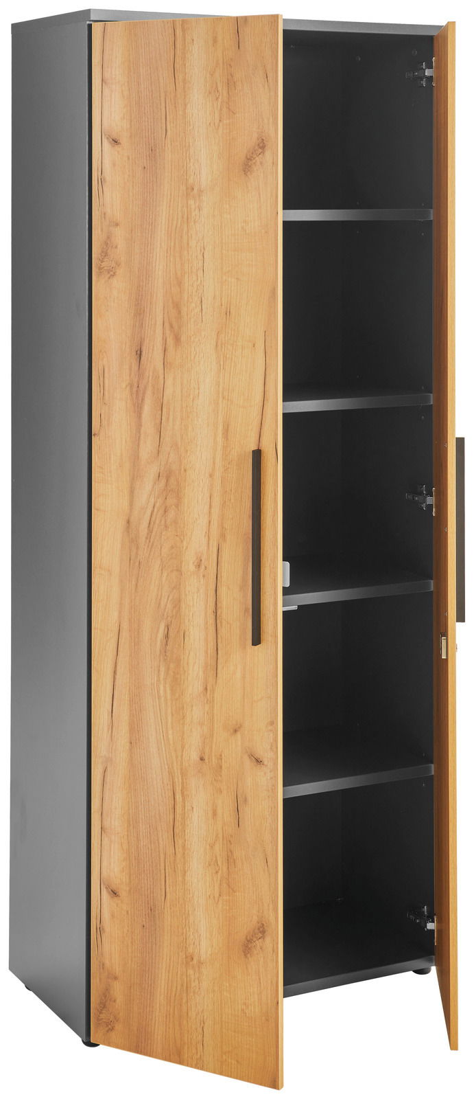 Aktenschrank mit Holzoptik, geöffnete Tür, seitliche Perspektive