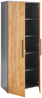 Aktenschrank mit Holzoptik, geöffnete Tür, seitliche Perspektive