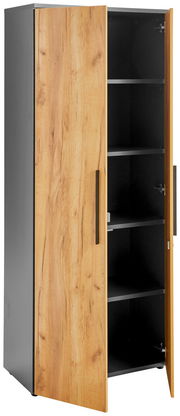 Aktenschrank mit Holzoptik, geöffnete Tür, seitliche Perspektive