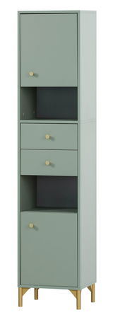 Hochschrank in modernem Design mit grüner Farbe, goldenen Griffen und Beinen, aus frontaler Perspektive.