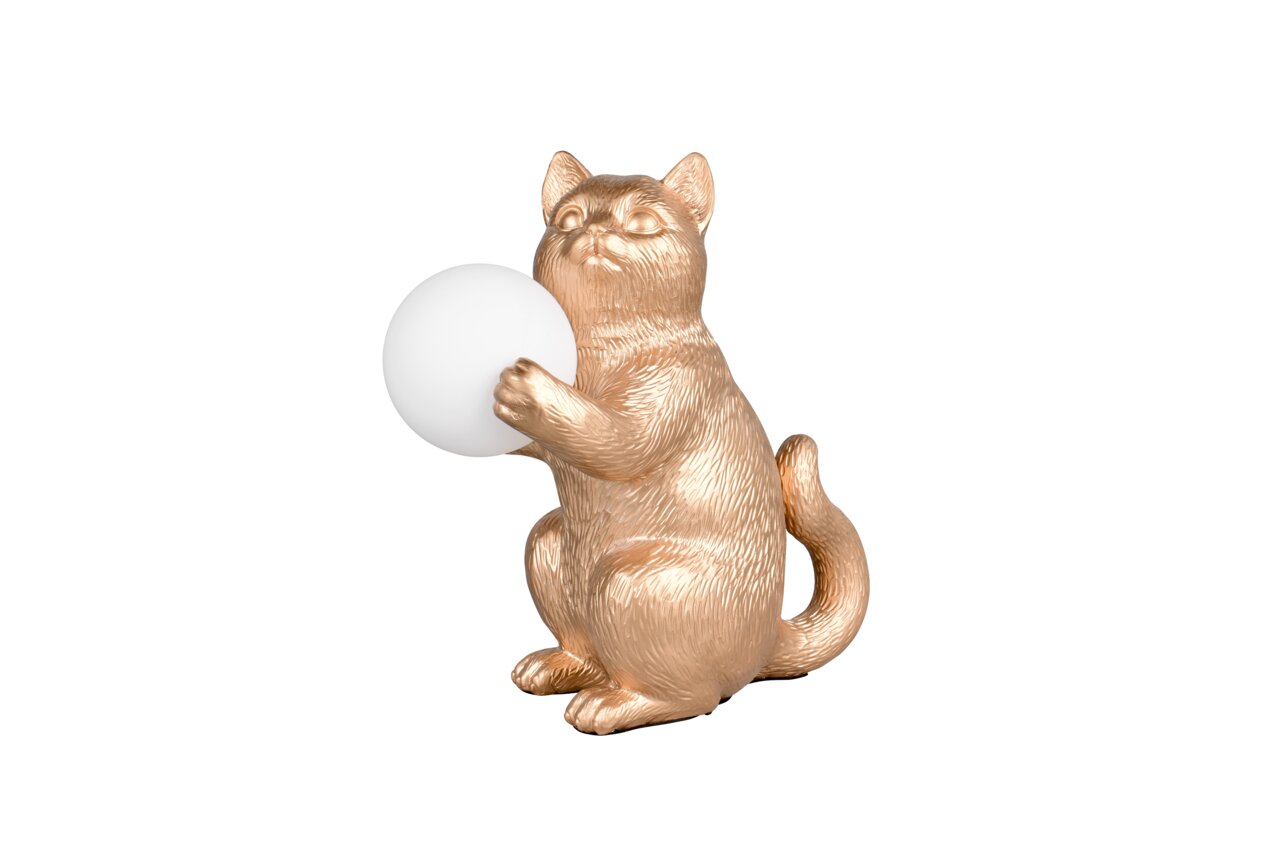 Goldene Tischleuchte in Form einer sitzenden Katze, die eine weiße Kugel hält, seitliche Perspektive