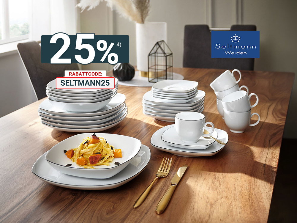 Modern gedeckter Esstisch mit weißem Geschirr, Tassen und goldbesteck, dekoriert, Pasta angerichtet, Seltmann Weiden Logo