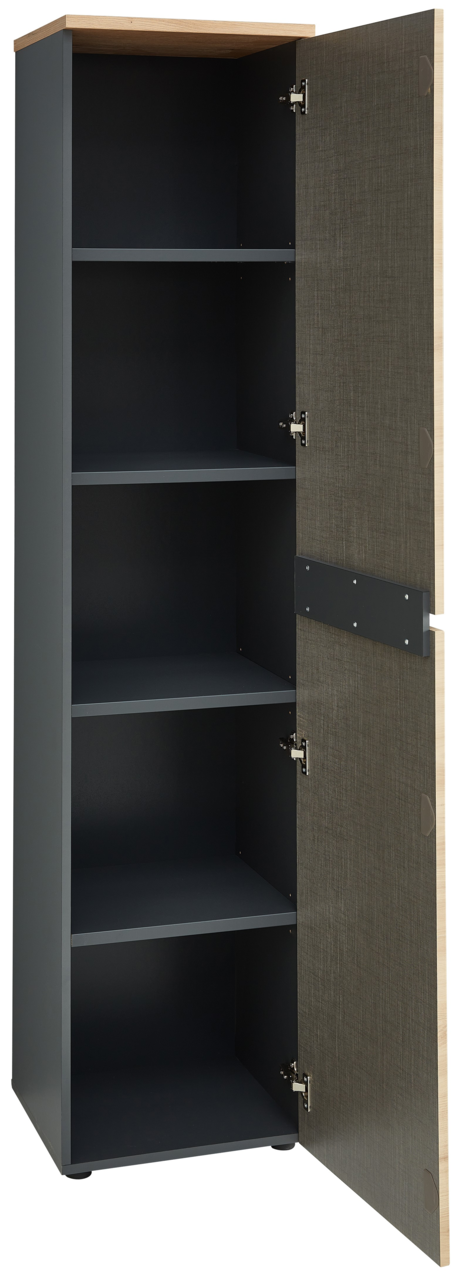 Schmaler Aktenschrank mit geöffneter Tür, vier Einlegeböden und Holzoptik, Frontalansicht