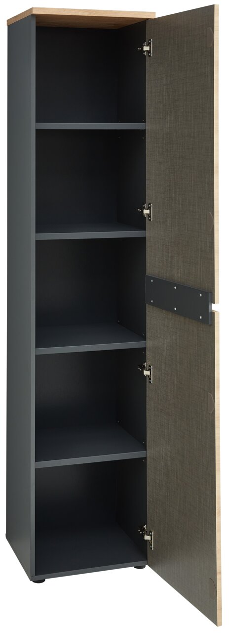 Schmaler Aktenschrank mit geöffneter Tür, vier Einlegeböden und Holzoptik, Frontalansicht