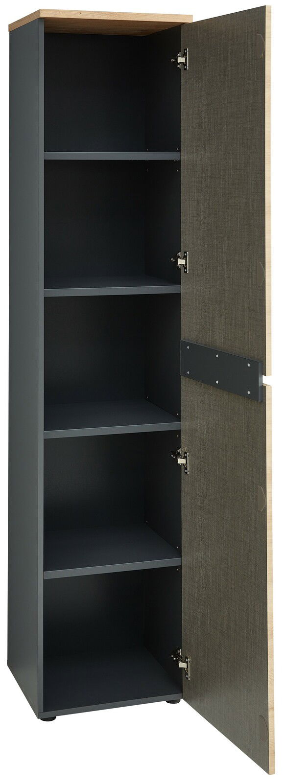 Schmaler Aktenschrank mit geöffneter Tür, vier Einlegeböden und Holzoptik, Frontalansicht