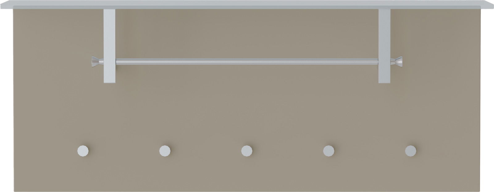 Garderobenpaneel quer mit fünf Haken und einer Kleiderstange, frontal betrachtet.