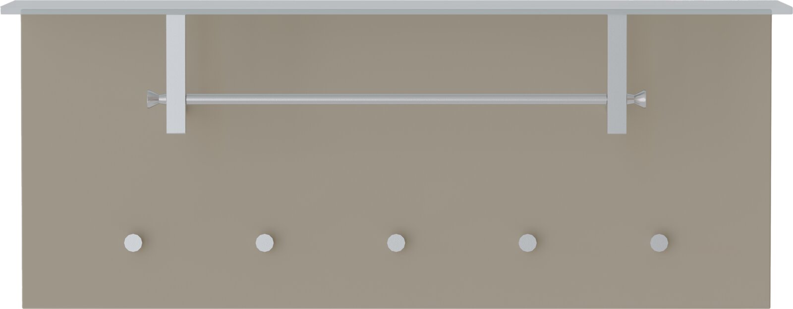 Garderobenpaneel quer mit fünf Haken und einer Kleiderstange, frontal betrachtet.