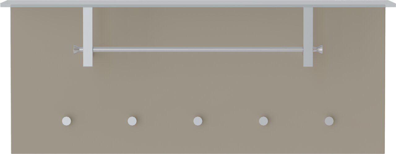 Moderano Garderobenpaneel quer LECCO Garderobenpaneel quer mit fünf Haken und einer Kleiderstange, frontal betrachtet.