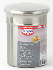 Puderzuckerstreuer von Dr. Oetker aus Edelstahl, Vorderansicht
