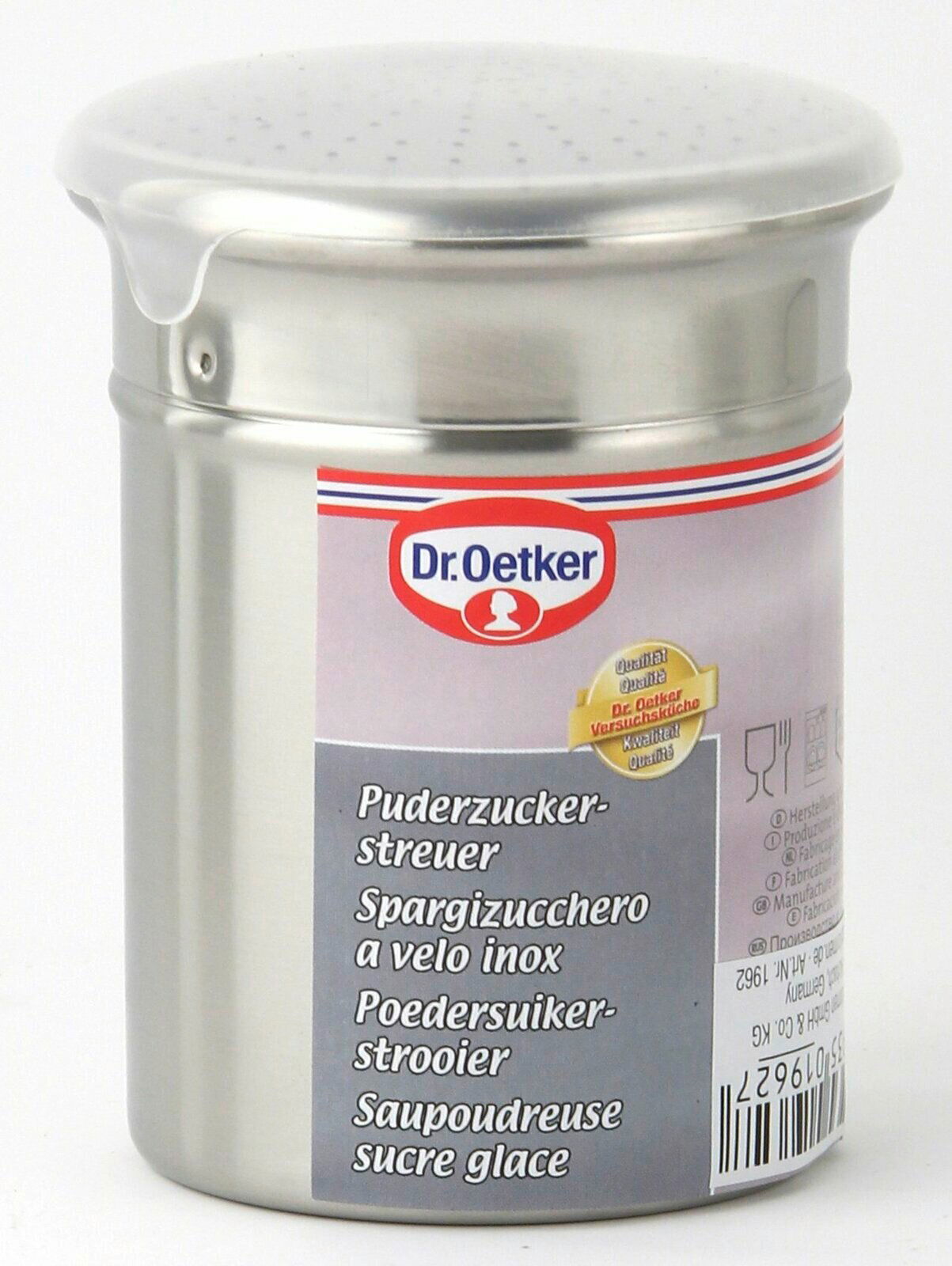 Puderzuckerstreuer von Dr. Oetker aus Edelstahl, Vorderansicht
